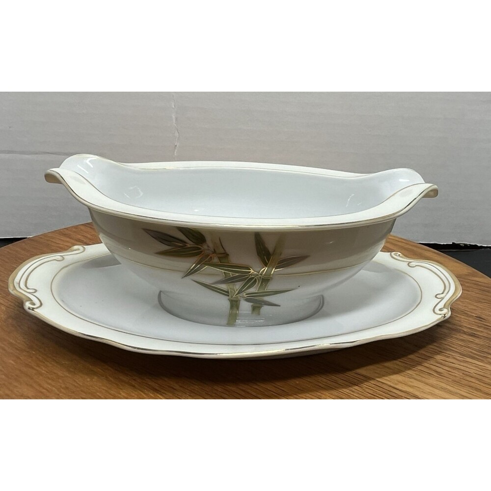 Vtg Kutani Japan Bamboo Pattern Fine Bone China Gravy Boat Attached Under Plate